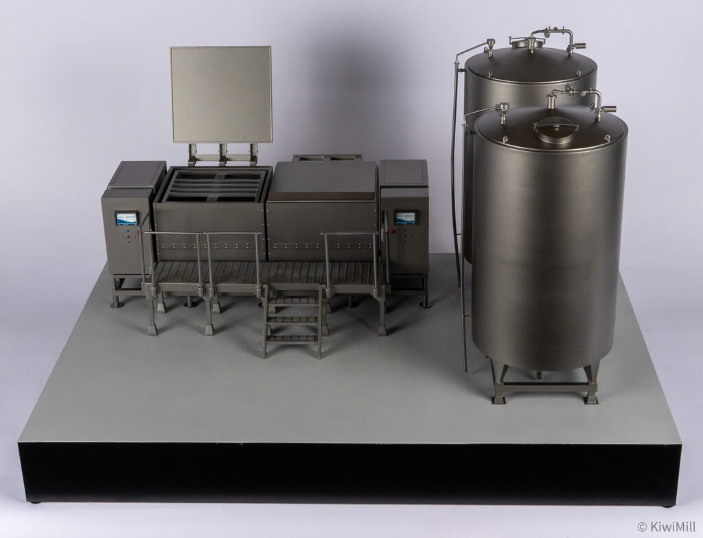 Sous vide cook tank model from the front, lid propped open to show the cooking basket grid, water tanks at right